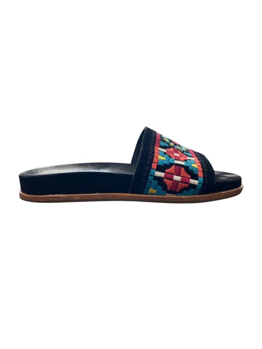 Johnny Was Womens Size 9 Embroidered Flat Slide Sandals Black Suede Leather - Picture 8 of 11